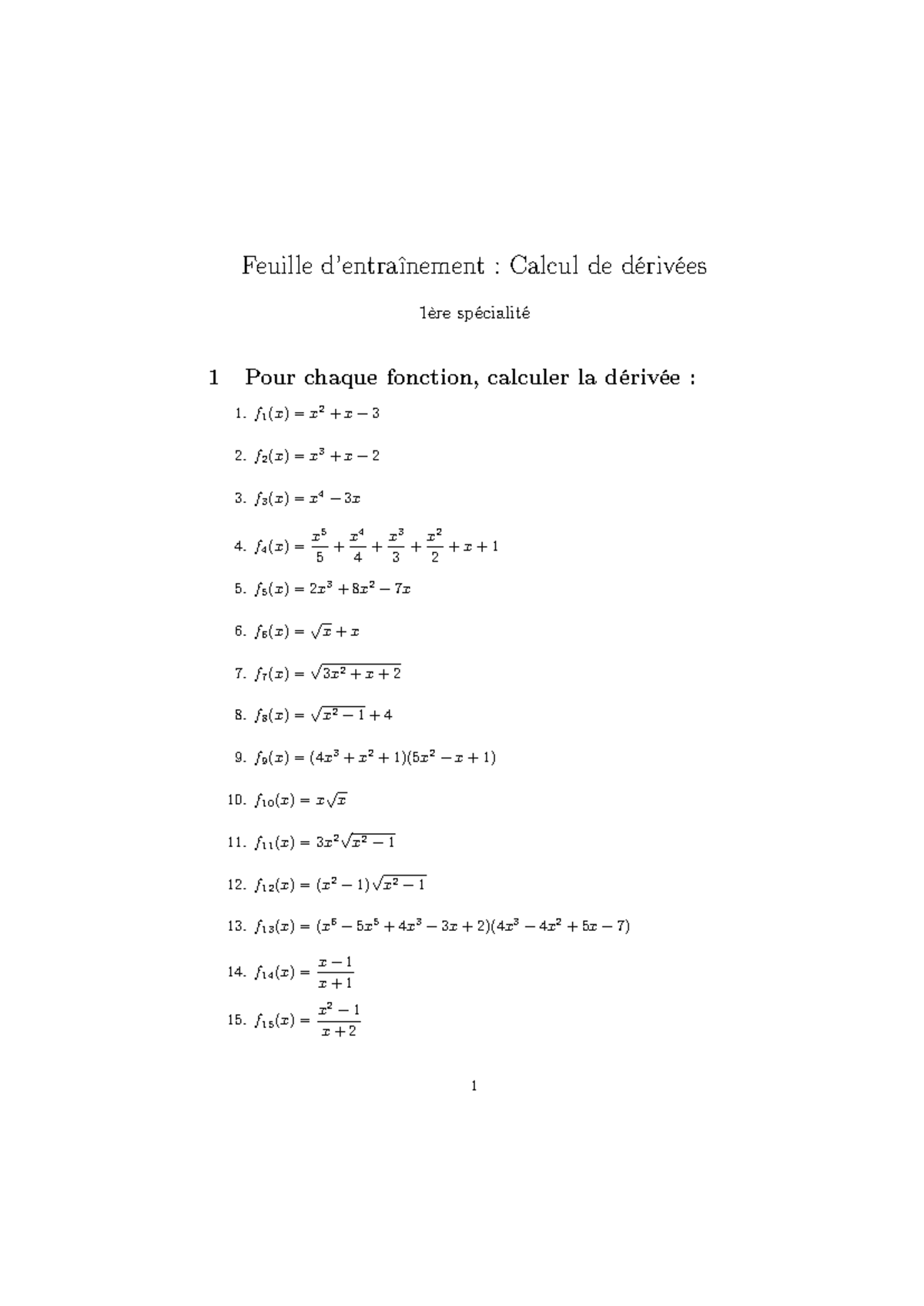 Calcul des Dérivées Spécialité 1 1ère Année Studocu — free download