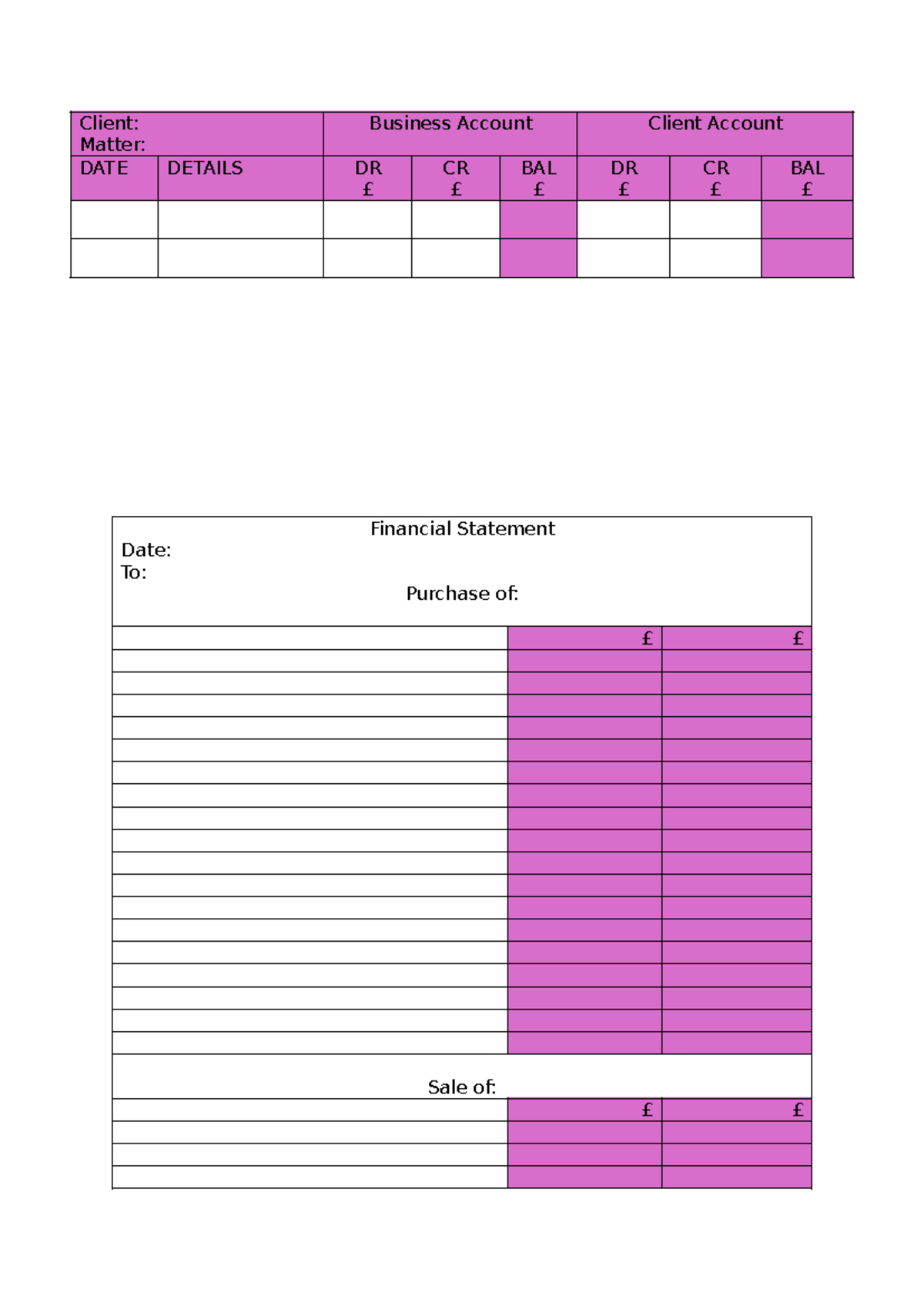 Ledger Template & Financial Statement Template - Client: Matter ...