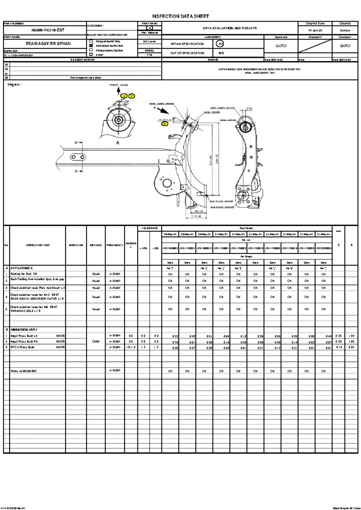 Master Inspection Data Sheet for Beam Assy RR Spnsn YTB【SUZUKI】 - Studocu
