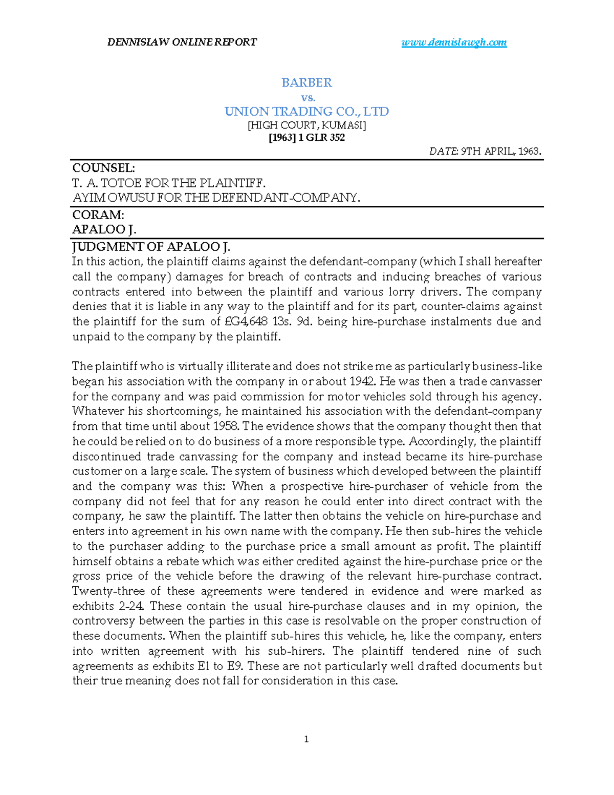Barber vs - Lecture notes - BARBER vs. UNION TRADING CO., LTD [HIGH ...