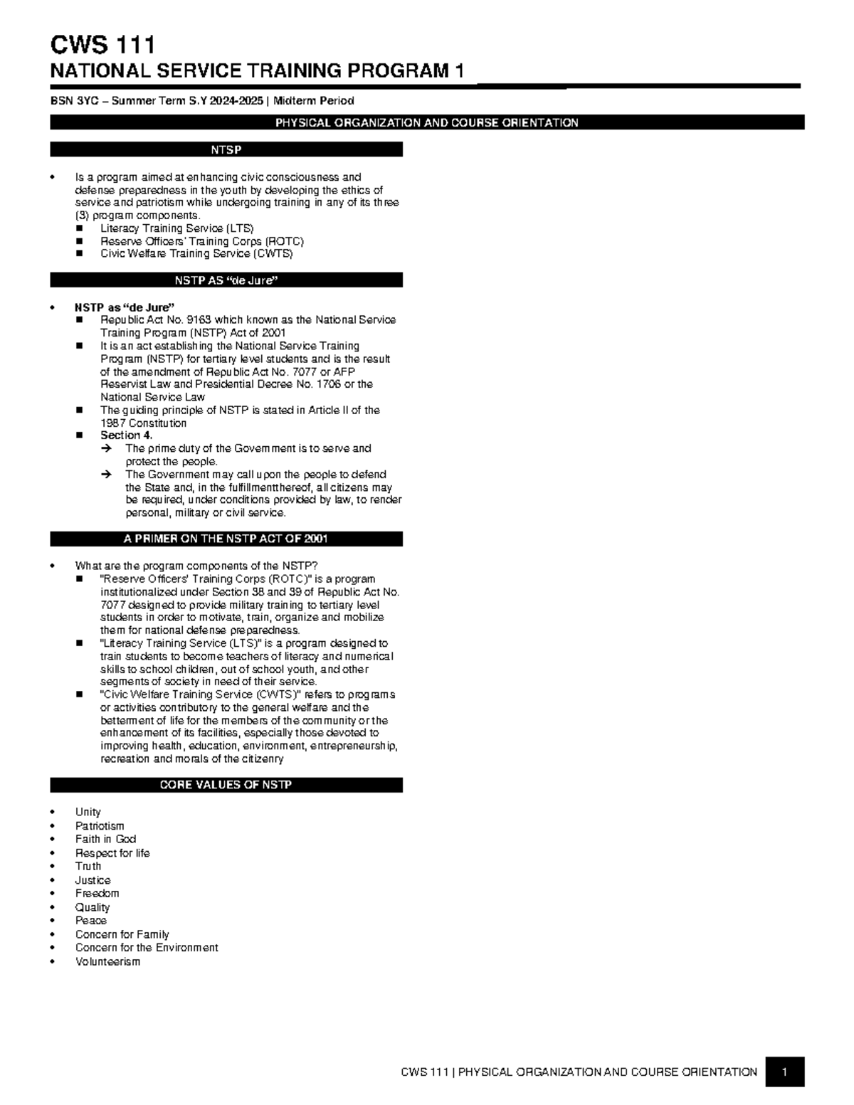 CWS NSTP 1 BSN 3YC Midterm: Physical Organization & Course Orientation ...