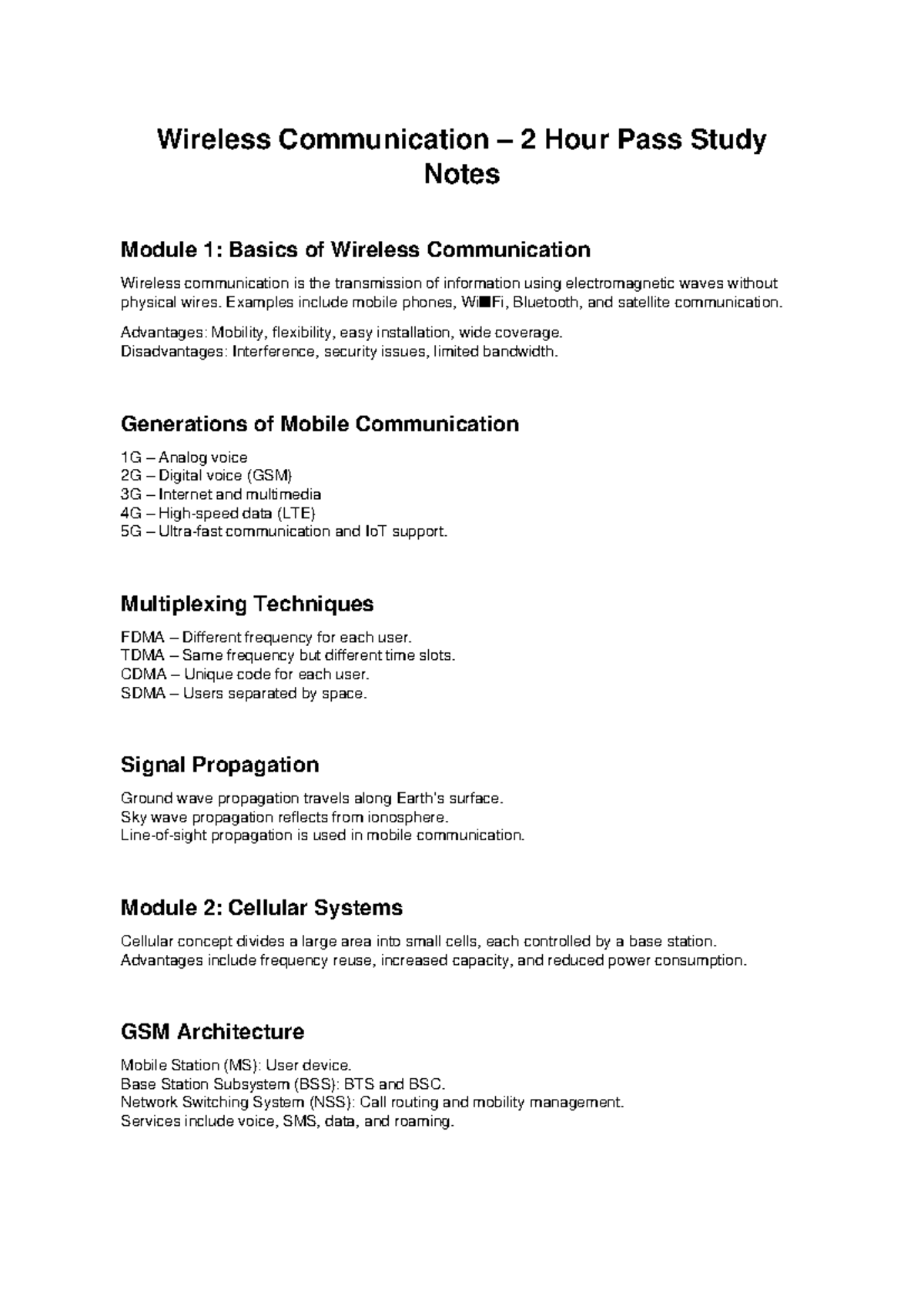 Wireless Communication 2 Hour Pass Study Notes: Module 1 & 2 - Studocu