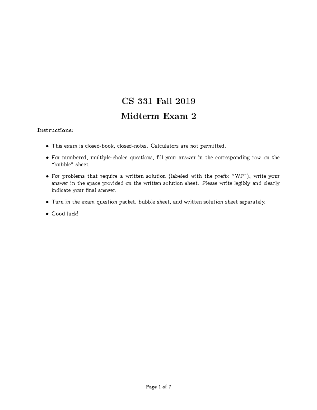 CS 331 Fall 2019 Midterm Exam 2 Instructions and Concepts - Studocu