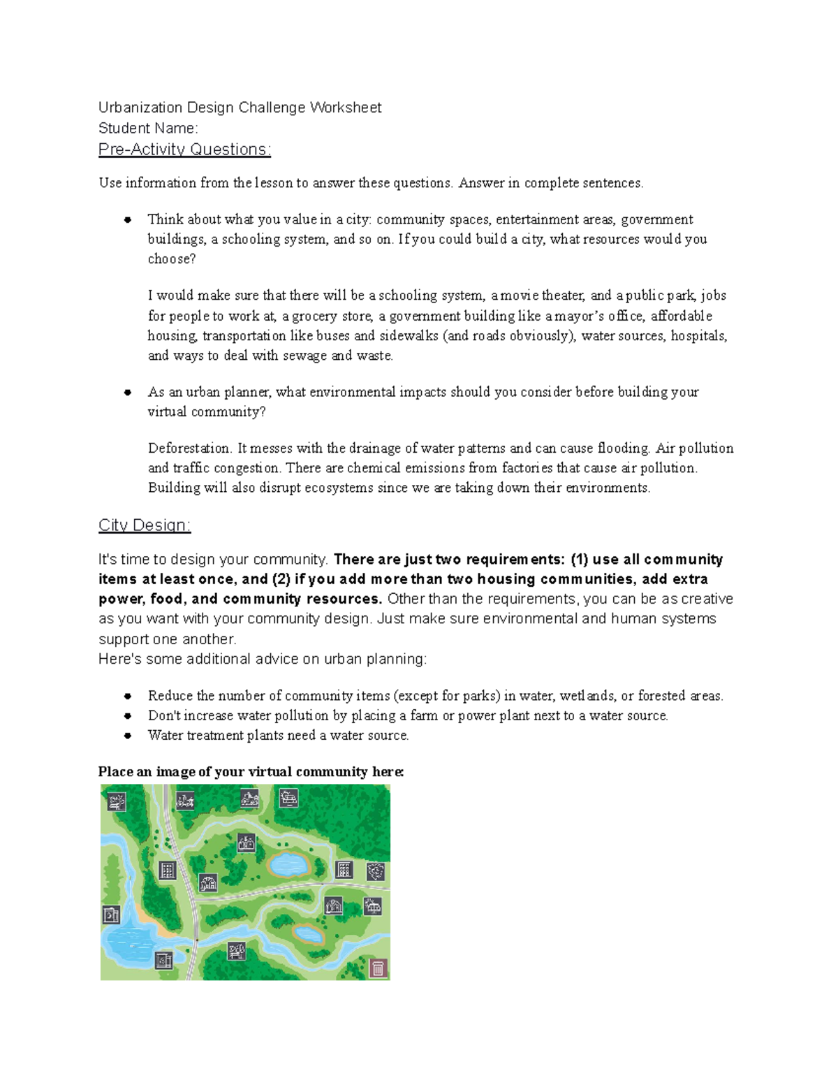 Urbanization Design Challenge Worksheet - Answer in complete sentences ...
