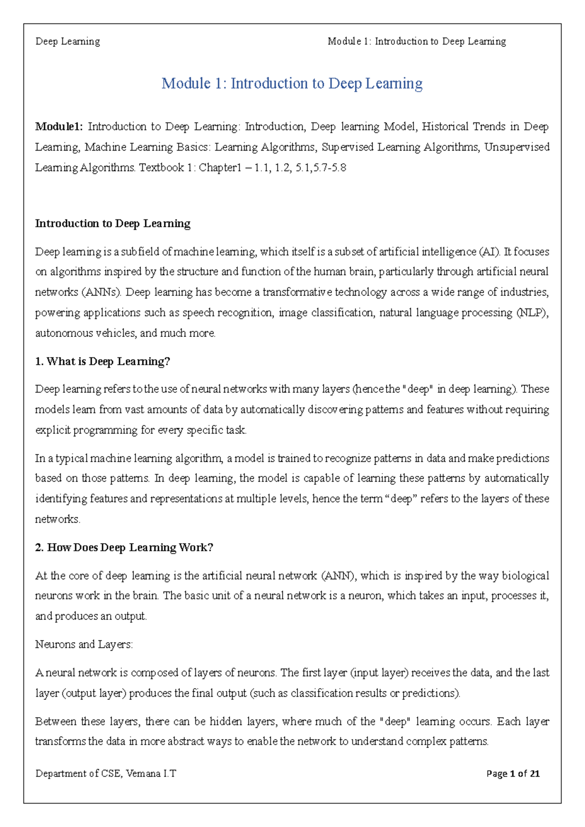 21CS743 DL Module 1 - Deep Learning Overview & Key Concepts - Studocu