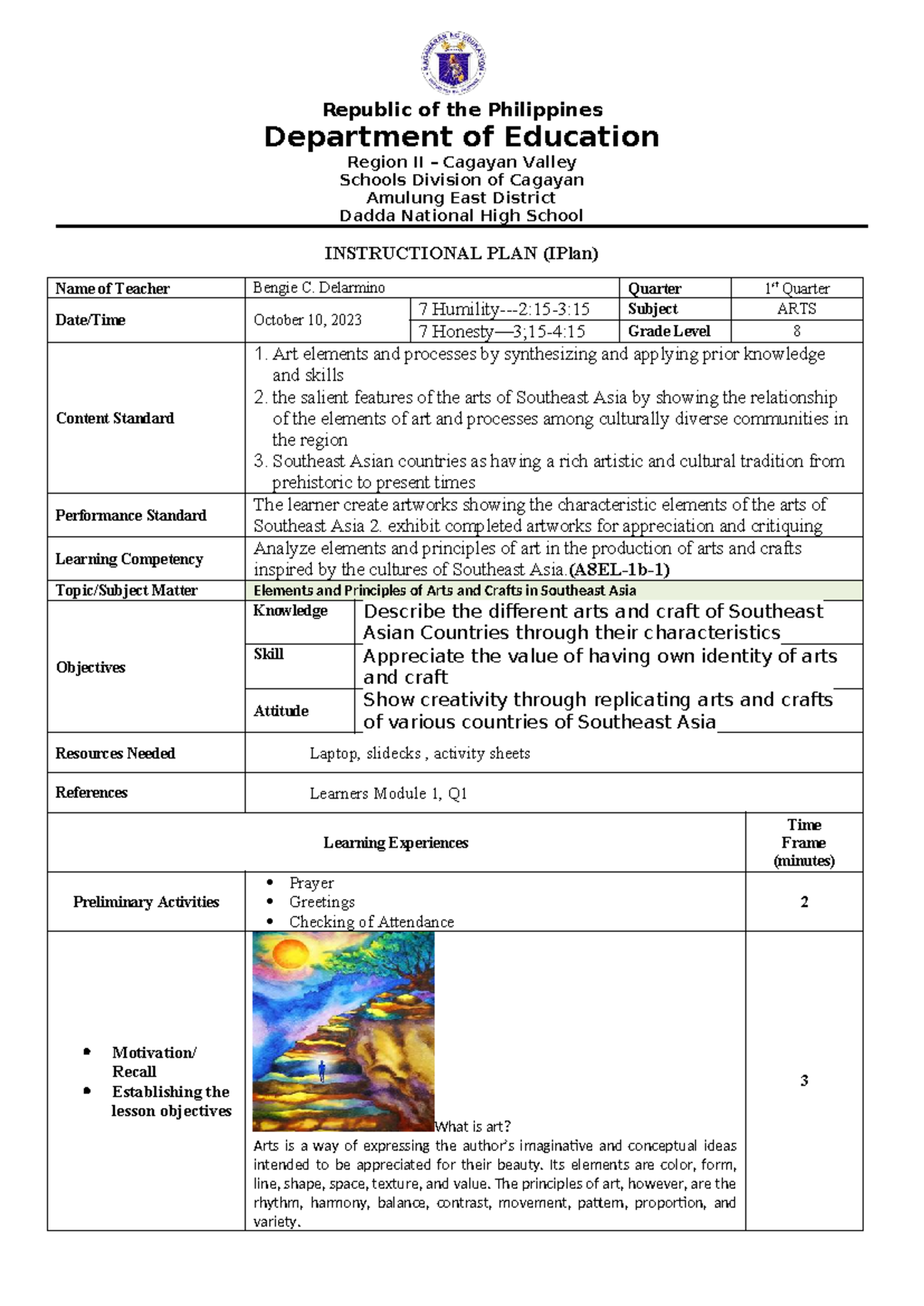 Arts 8 1st Quarter Lesson Plan: Elements & Principles of Southeast ...