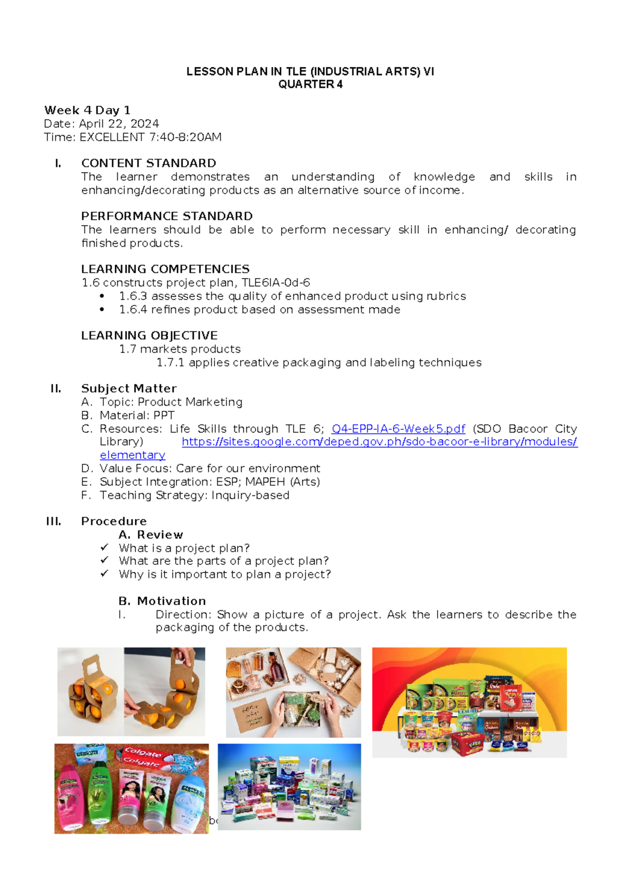 TLE6IA Q4 W4D1 Lesson Plan: Product Labelling Techniques - Studocu