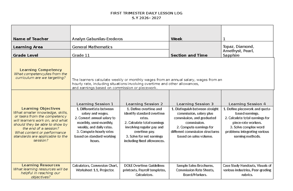 Grade 11 General Math Lesson Plan: Week 1 (S.Y. 2027) - Studocu