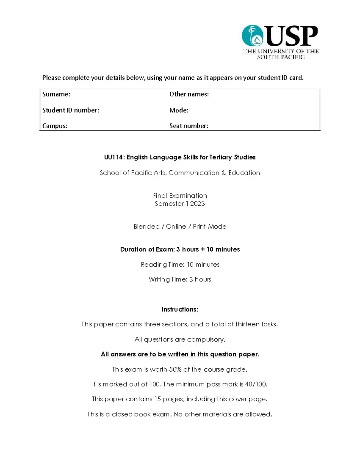 UU114 Final Exam S1 2023: English Language Skills Assessment - Studocu