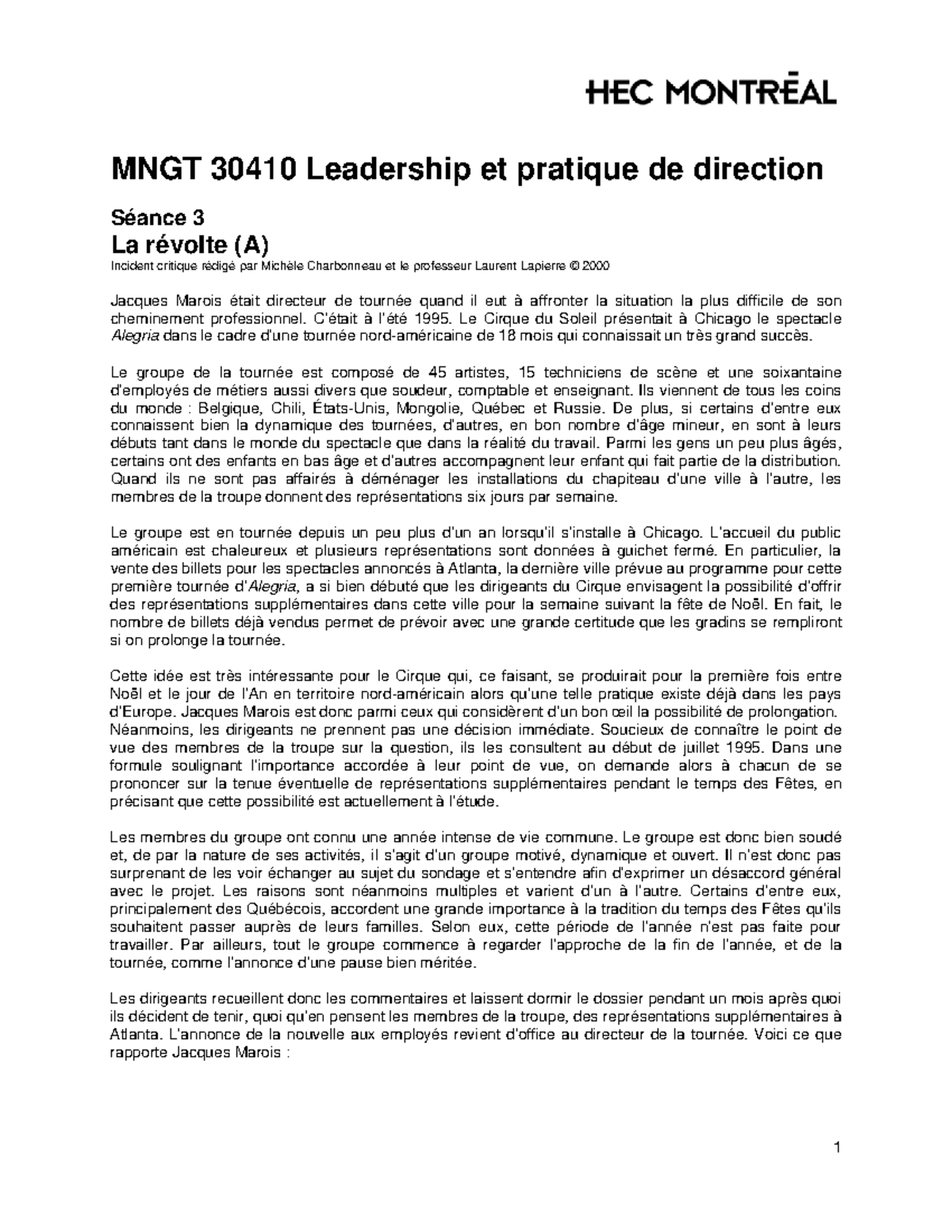 MNGT 30410 Leadership et Pratique de Direction - Cas Critique S3 - Studocu