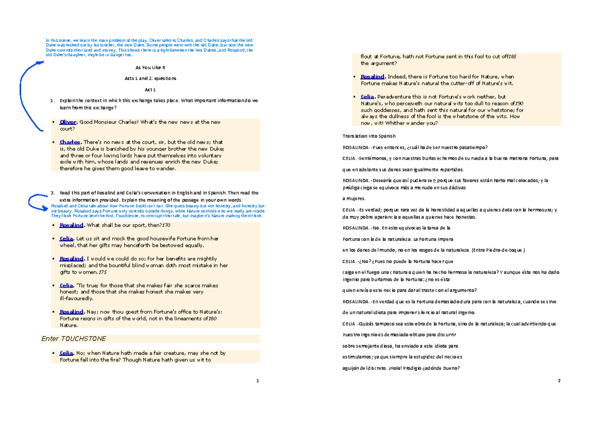 As You Like It (ENG 101): Act 1 & 2 Analysis and Discussion Questions ...