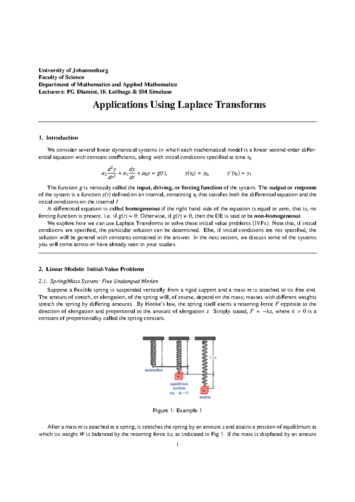 Applications Of Laplace Transforms In Linear Systems Mate2a2 Studocu