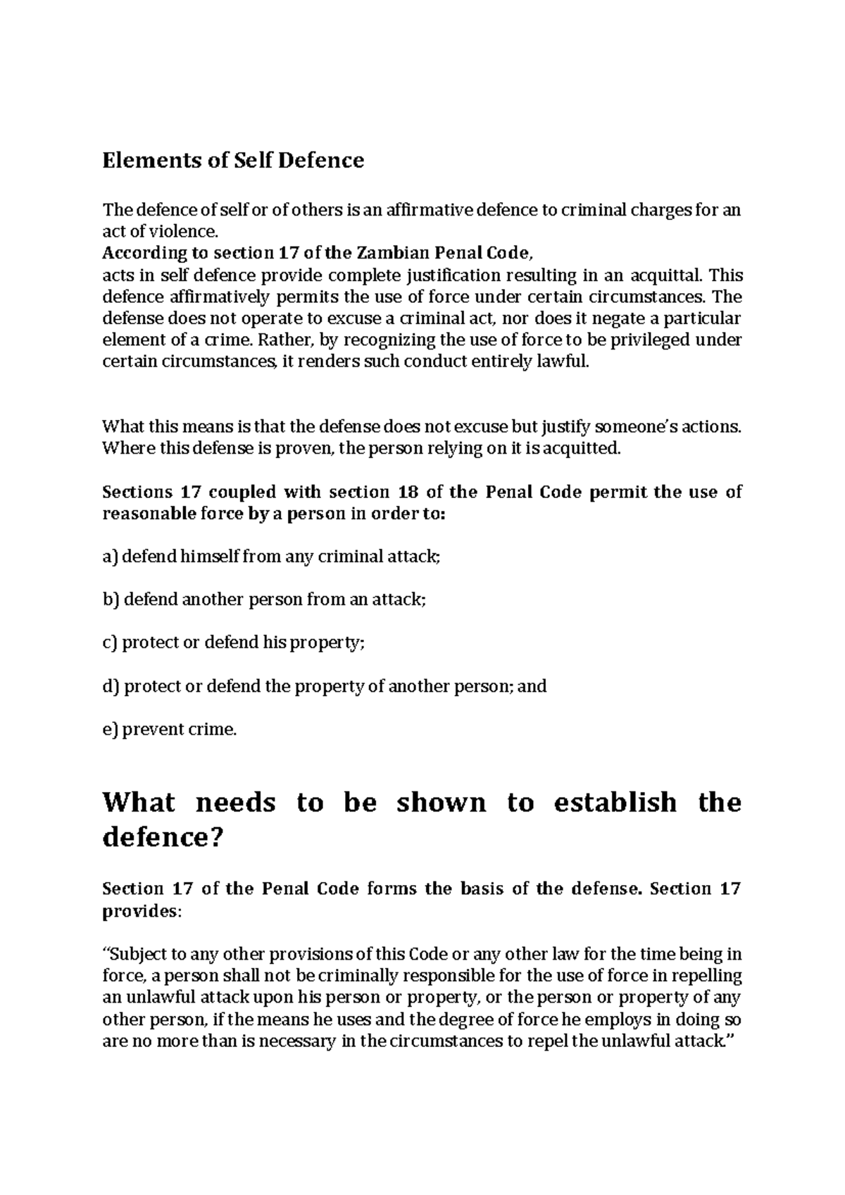 Self Defense and Provocation Notes for Criminal Law 101 - Studocu