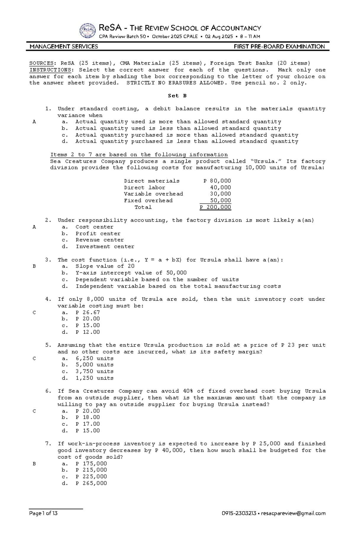 ReSA Batch 50 CPA Review Management Services First Exam Questions ...