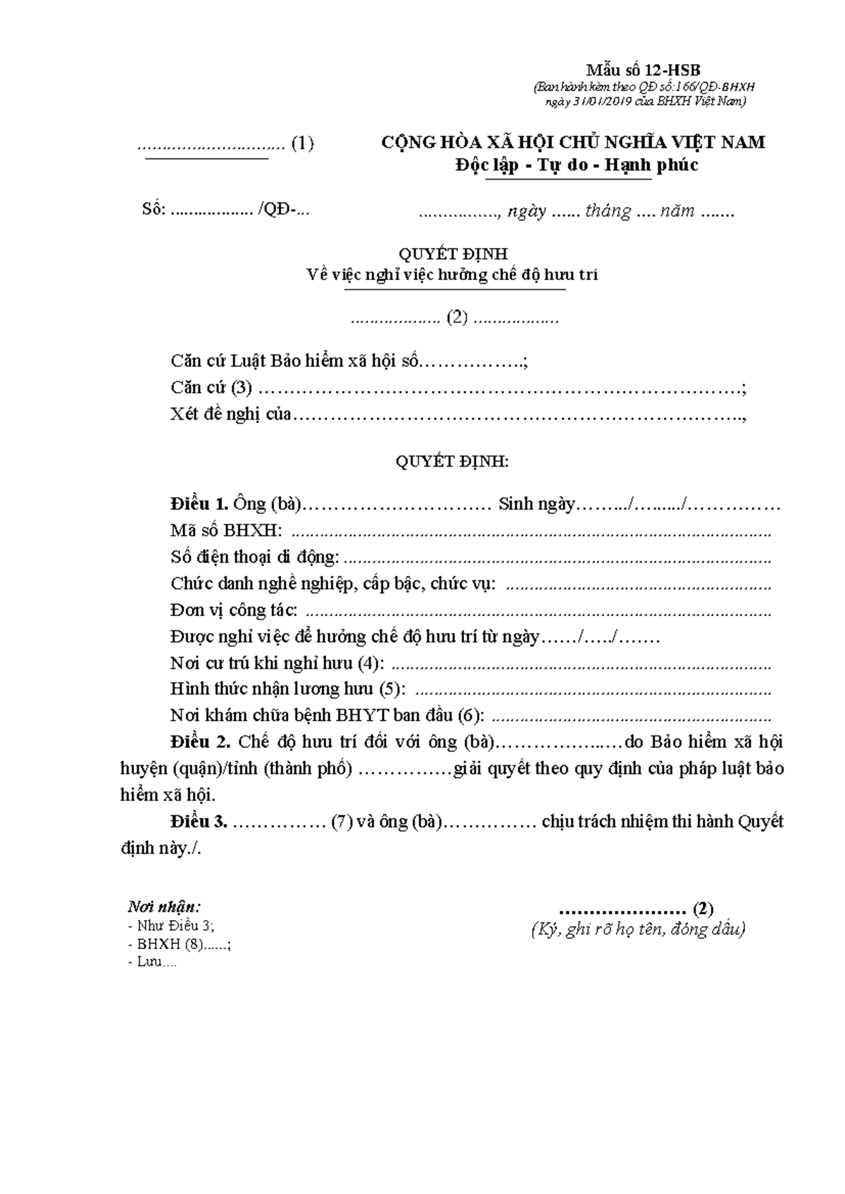 Mẫu 12-HSB: Quyết Định Nghỉ Việc Hưởng Chế Độ Hưu Trí - Studocu