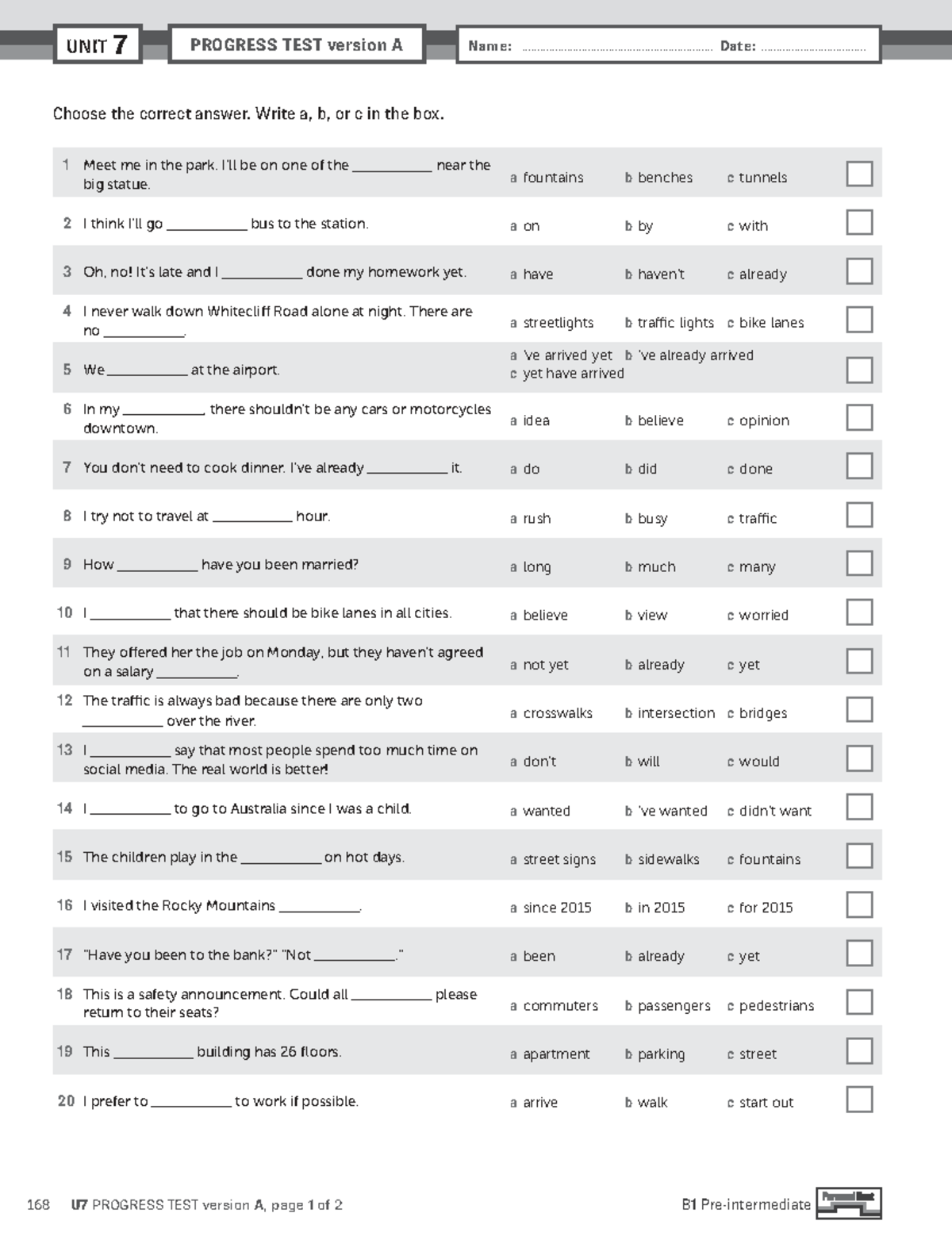 B1 UNIT 7 & 8 PROGRESS TESTS: Comprehensive Review and Practice - Studocu