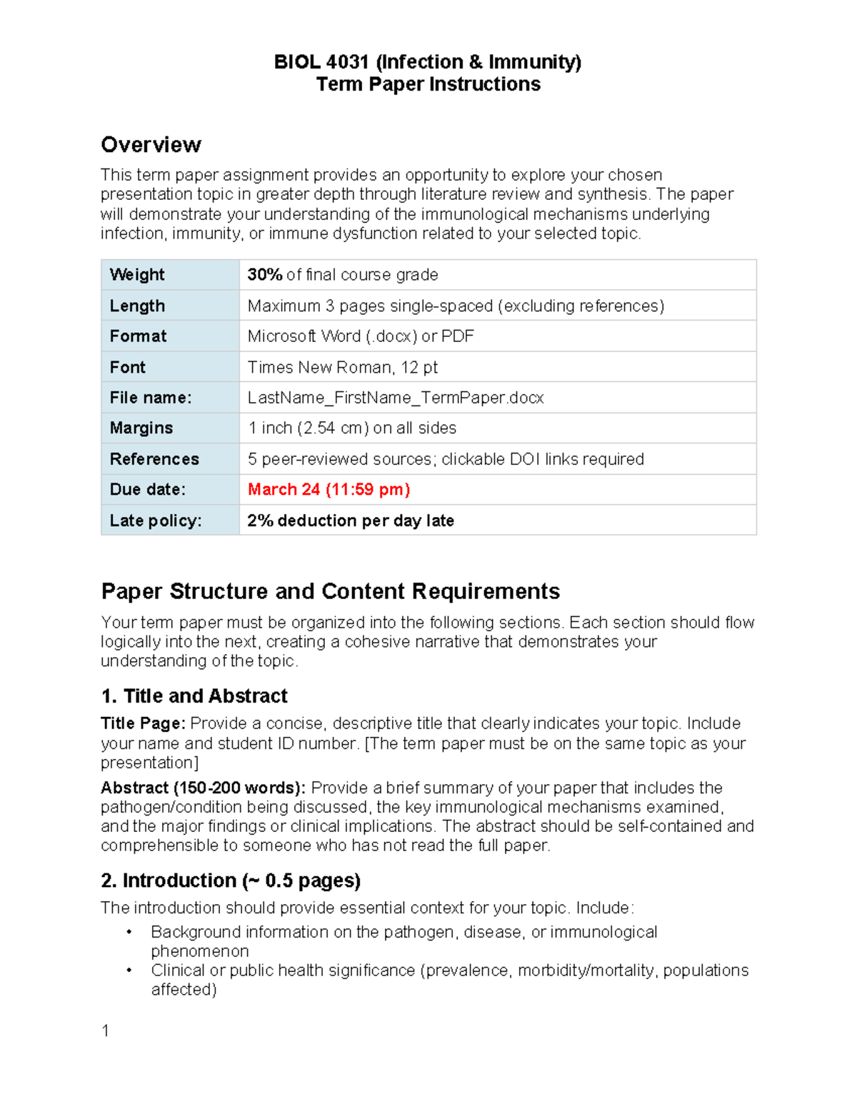 BIOL 4031 Infection Immunity Term Paper Guidelines and Requirements ...