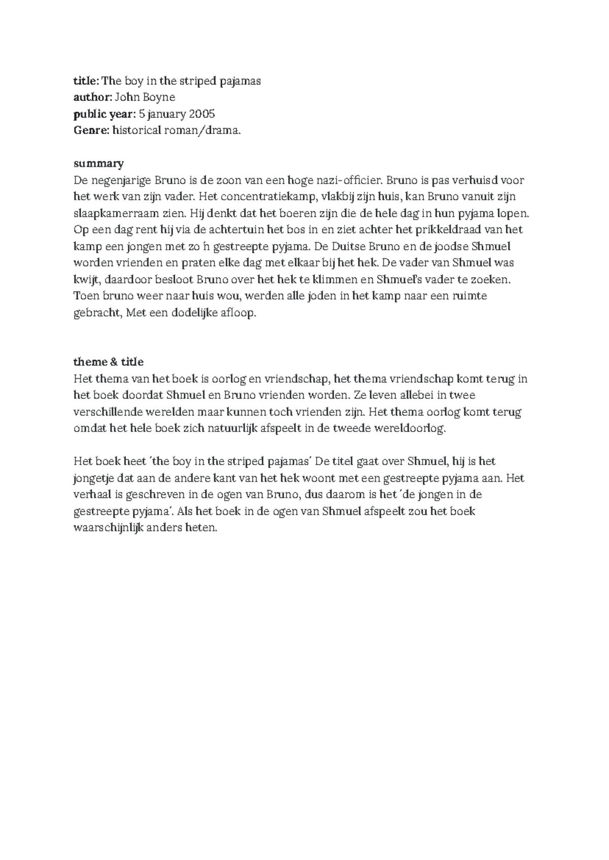 Boek verslag Engels 2 - The Boy in the Striped Pajamas Samenvatting ...