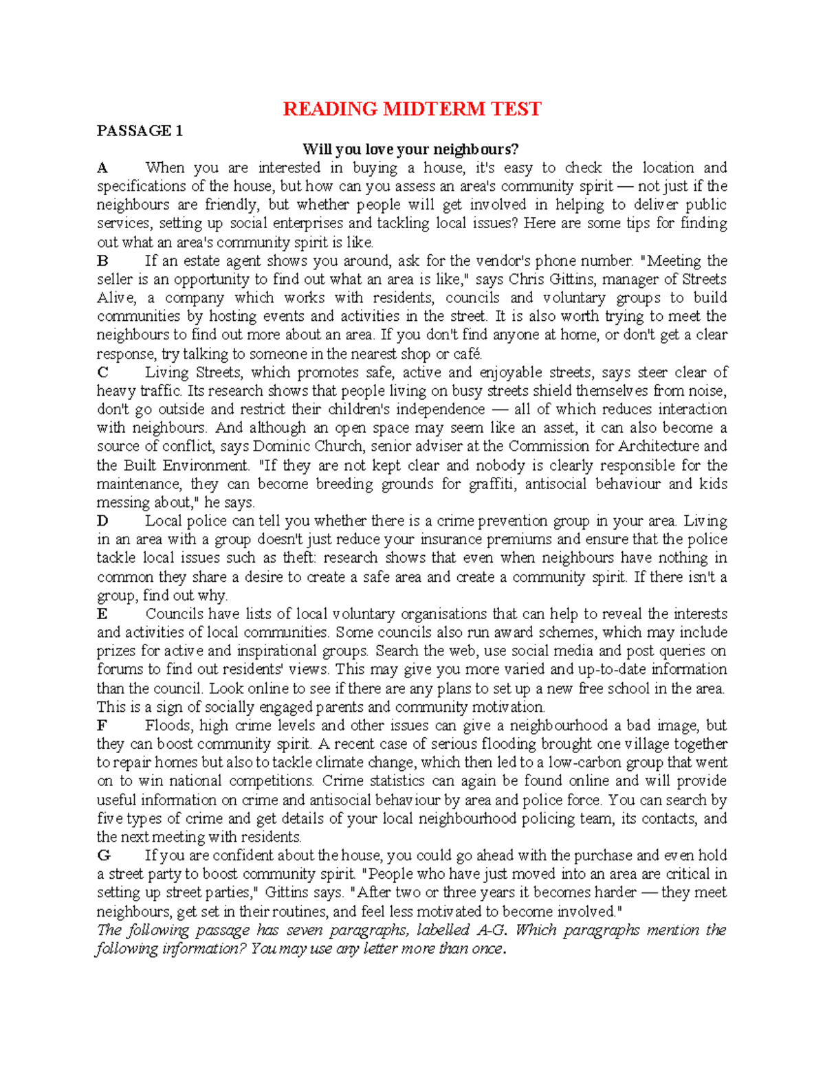 PASSAGE 1 READING MIDTERM TEST: Assessing Community Spirit - Studocu