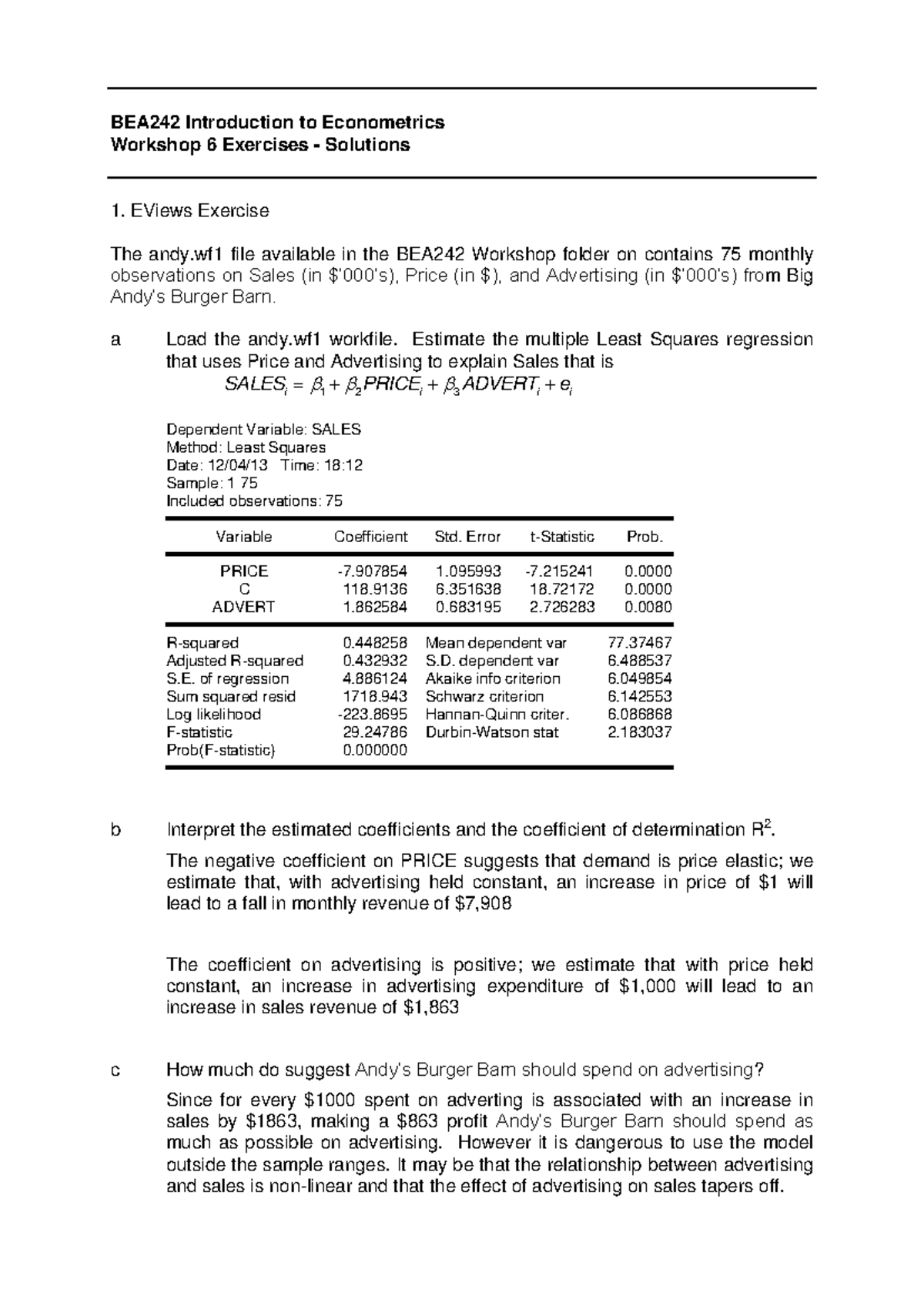 BEA242 Workshop 6 Econometrics Solutions and Interpretations - Studocu