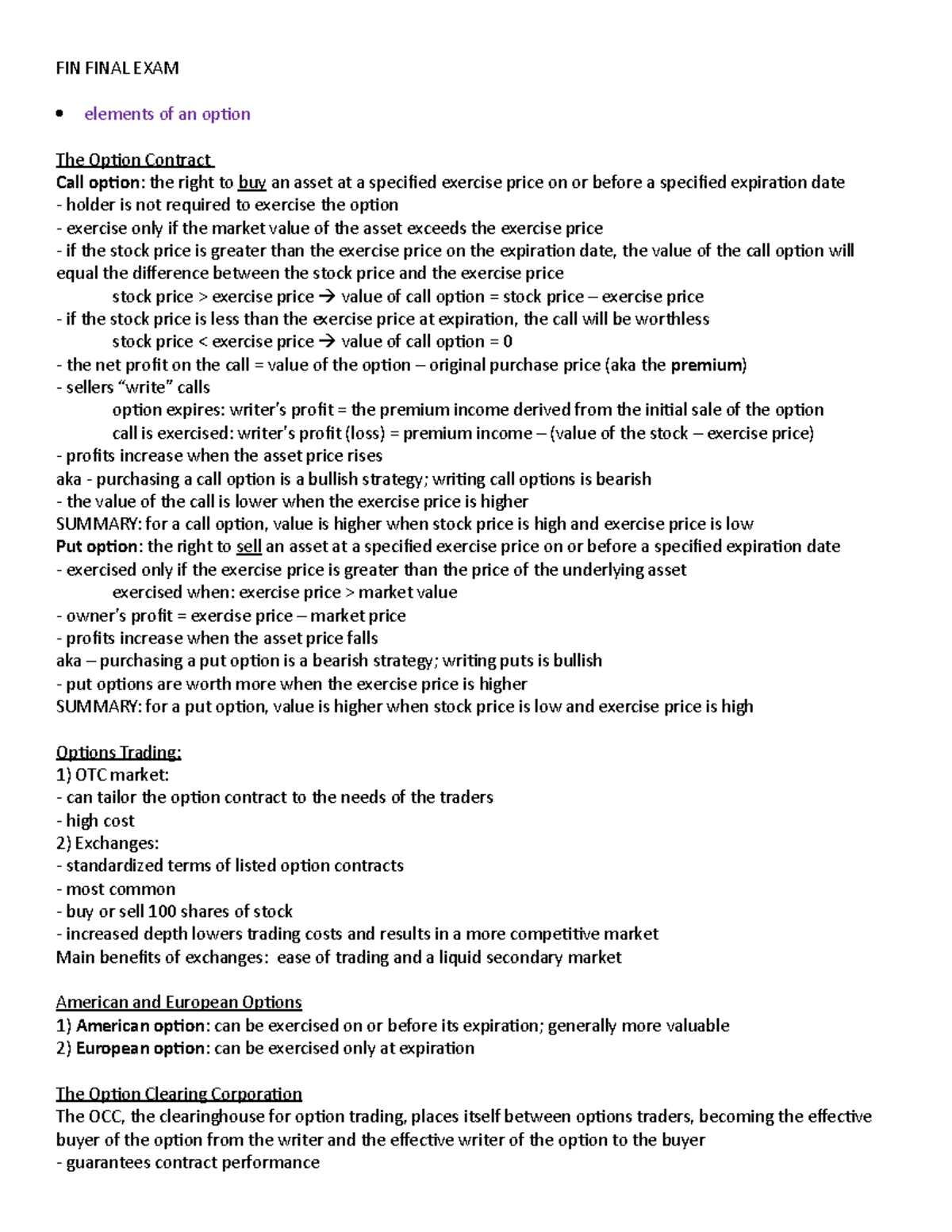 FIN 4504 Final Exam Study Guide: Key Concepts in Options Trading - Studocu