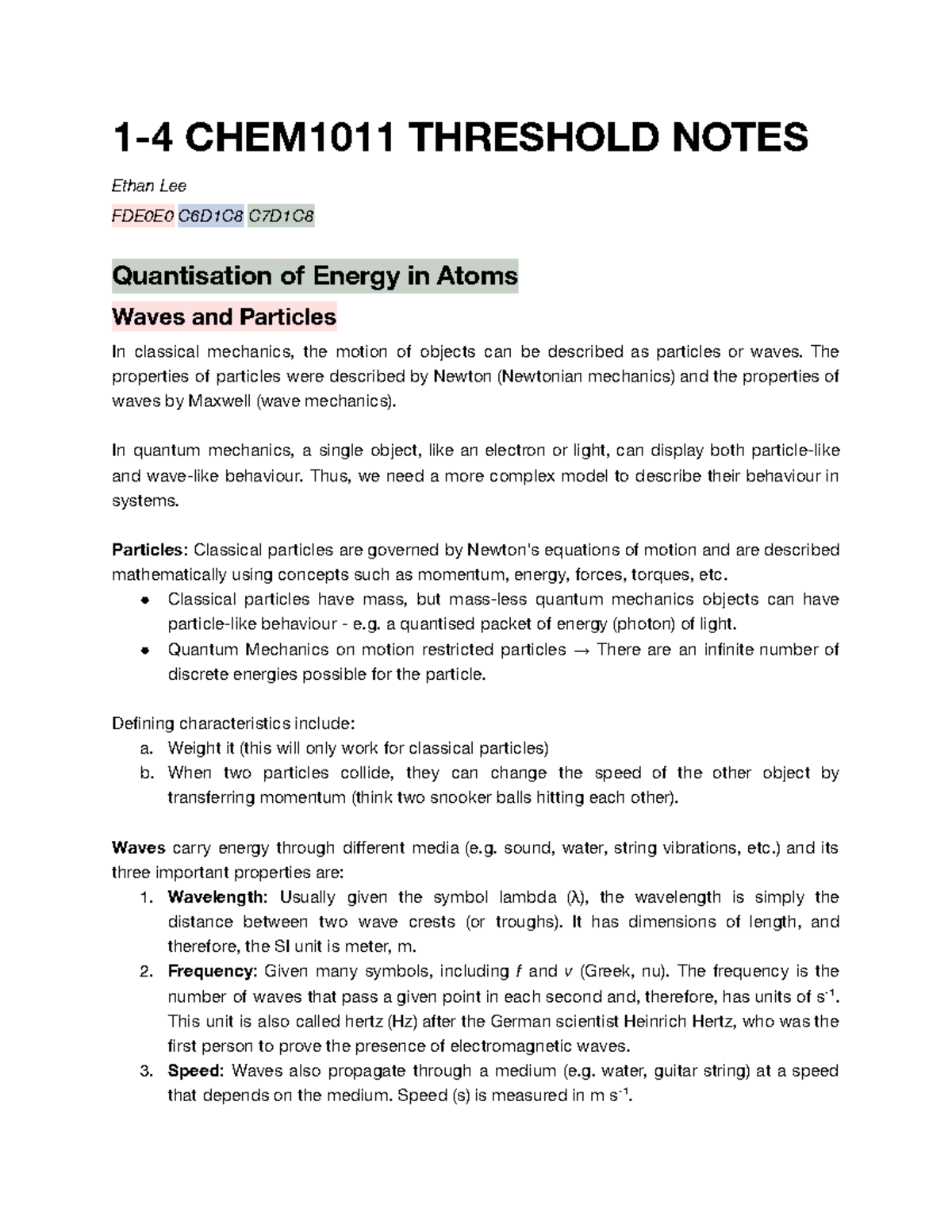 CHEM1011 Threshold Notes: Quantisation of Energy in Atoms - Studocu