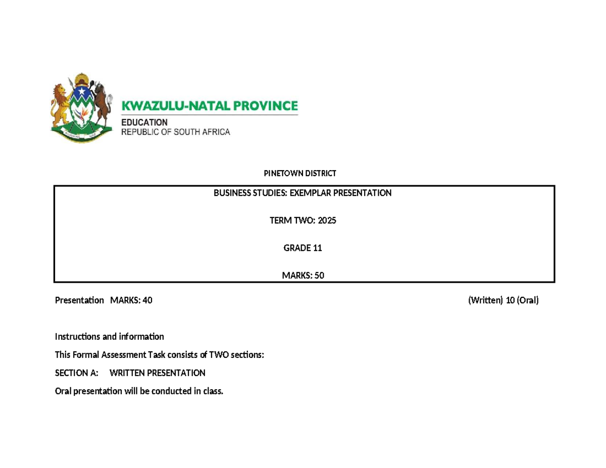 PINETOWN DISTRICT BUSINESS STUDIES: TERM 2 2025 GRADE 11 PRESENTATION ...