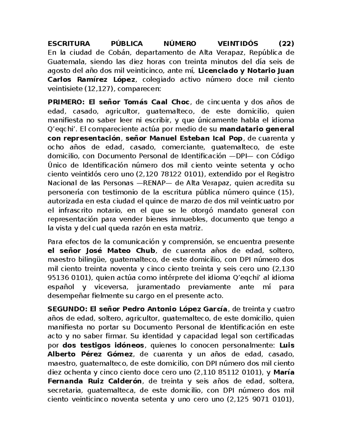 Escritura Pública No. 22 - Venta de Inmueble en Alta Verapaz - Document Preview