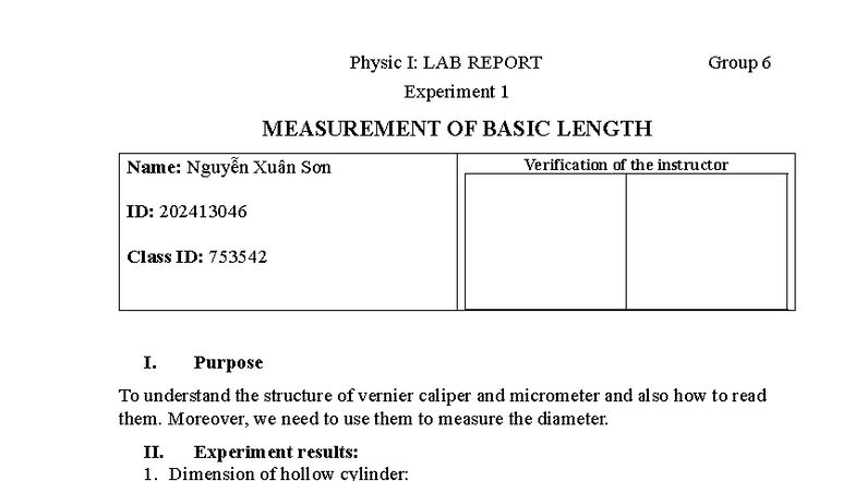 Physic I: Lab Report Experiment 1 - Measurement of Basic Length - Studocu