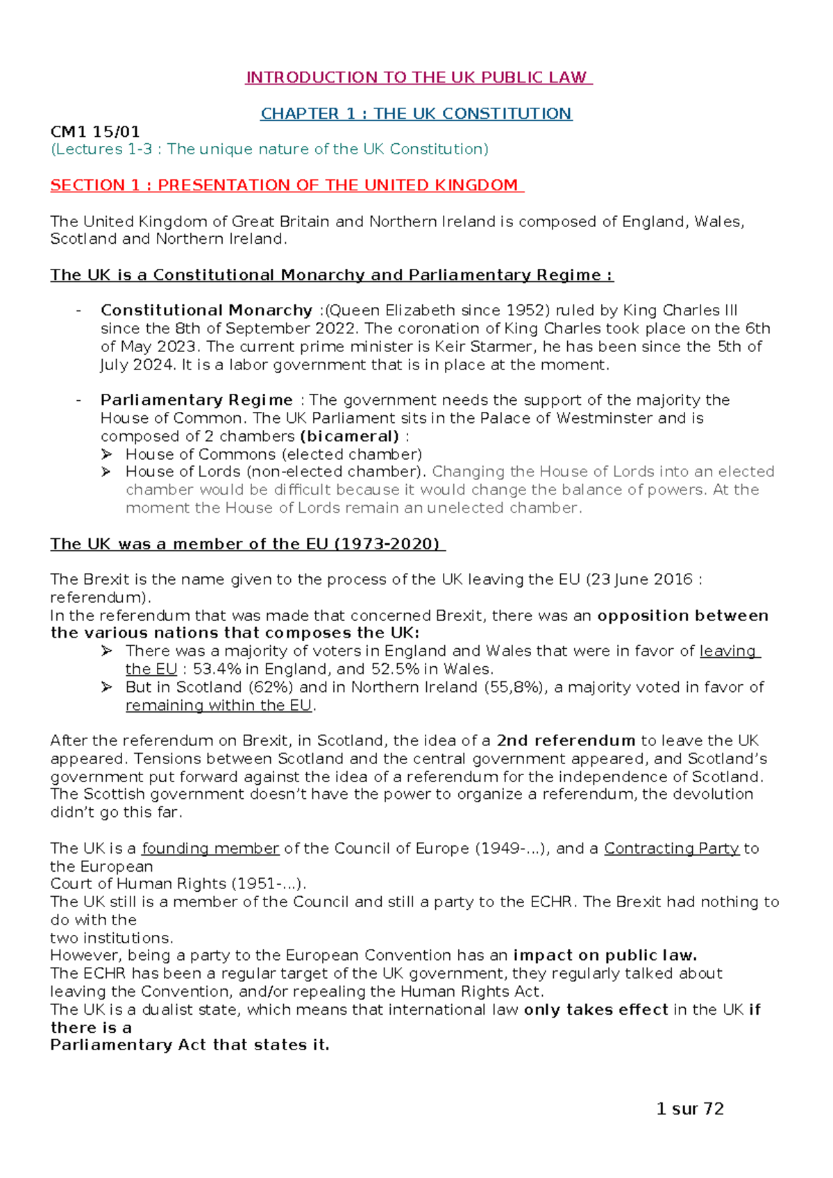 Introduction to the UK public law CM1: The UK constitution and its ...