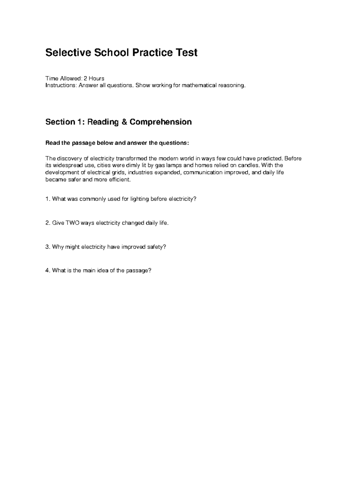Selective School Practice Test: Reading, Math & Writing Tasks - Studocu