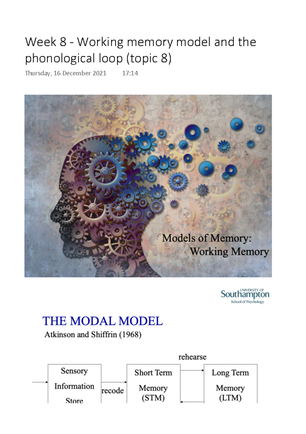 Week 8 - Exploring the Working Memory Model & Phonological Loop - Studocu