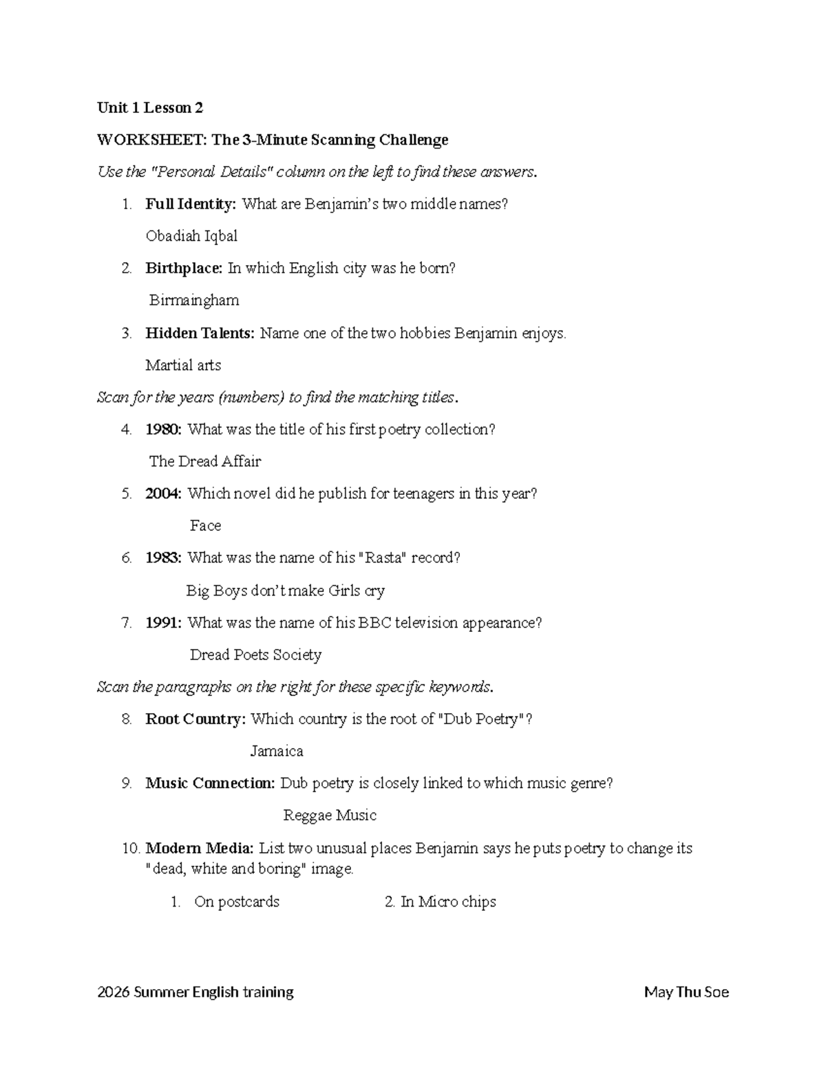 Unit 1 Lesson 2 - Worksheet: The Scanning Challenge - Studocu