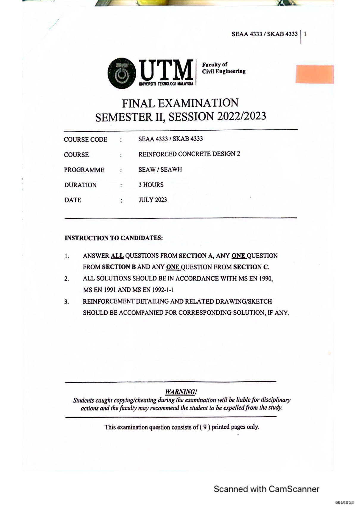 SEAA SKAB 1: Final Exam Reinforced Concrete Design 2 - July 2023 - Studocu