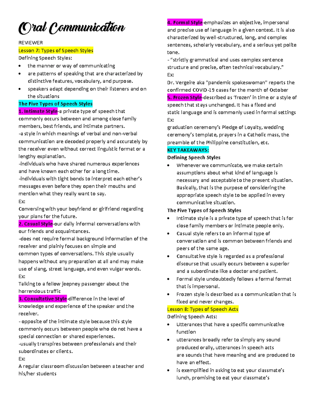 ORAL COMMUNICATION (COMM 101): OVERVIEW OF EFFECTIVE SPEAKING SKILLS ...