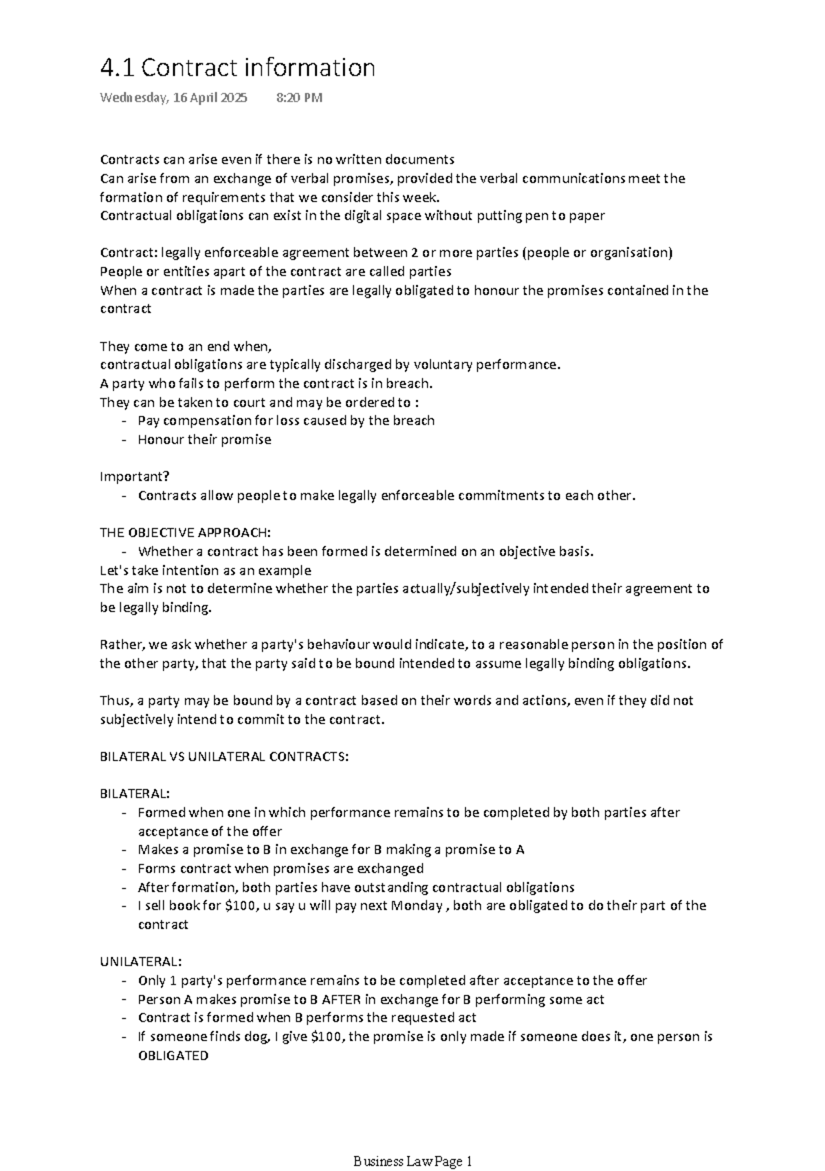 4.1 Contracts: Understanding Formation, Obligations, and Types - Studocu