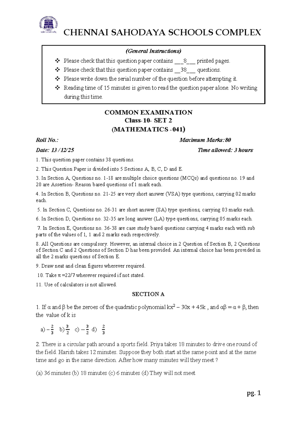 CSSC SET 2 - General Instructions for Mathematics Exam - Studocu