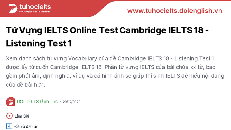 Từ Vựng Cambridge IELTS 18 - Listening Test 1 - Studocu