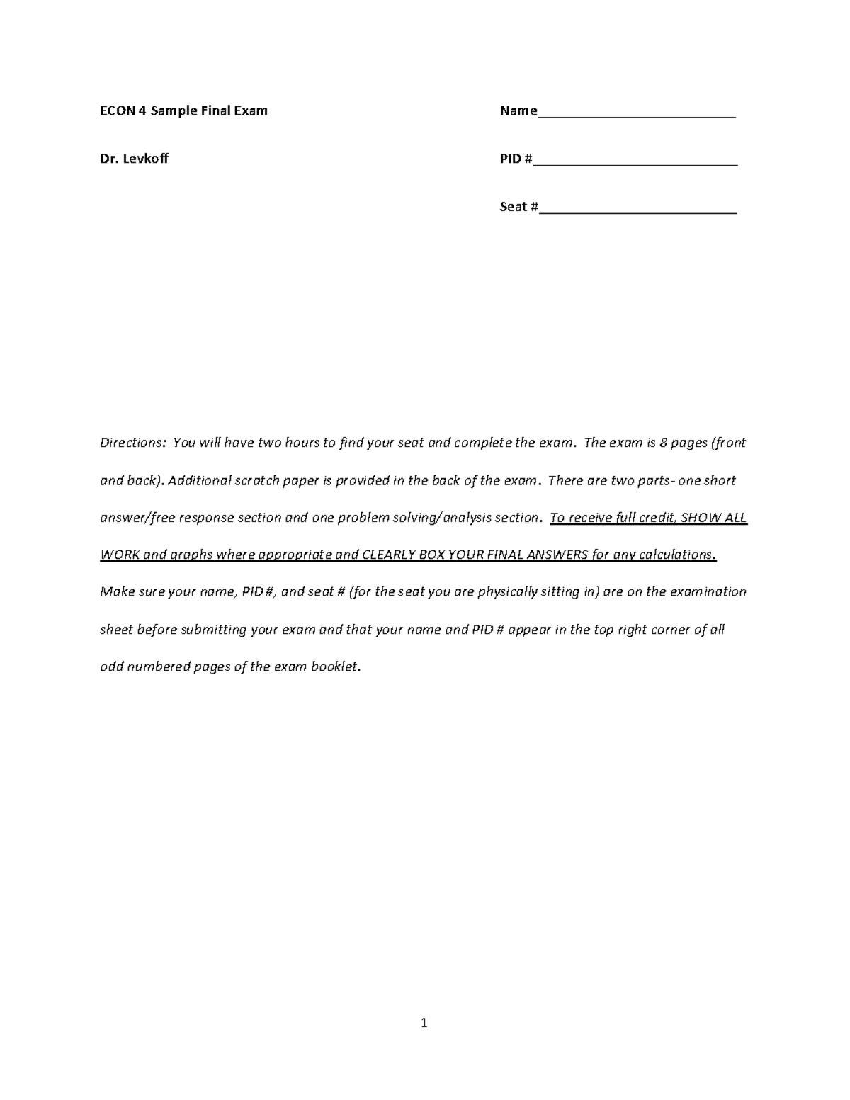 ECON 4 Sample Final Exam Guide: Key Concepts and Problem Solving - Studocu