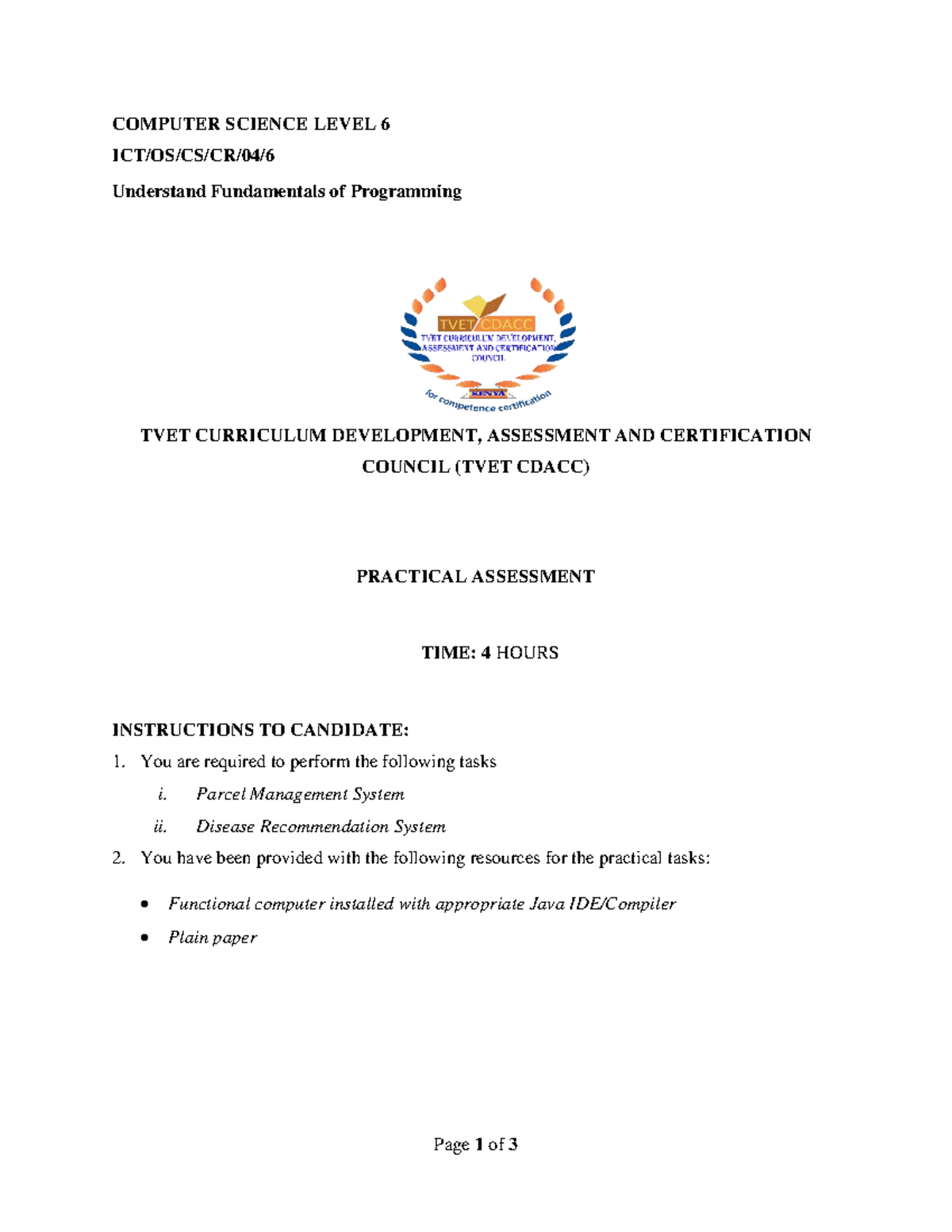 Fundamentals of Programming Practical Assessment - ICT/OS/CS/CR/04 ...