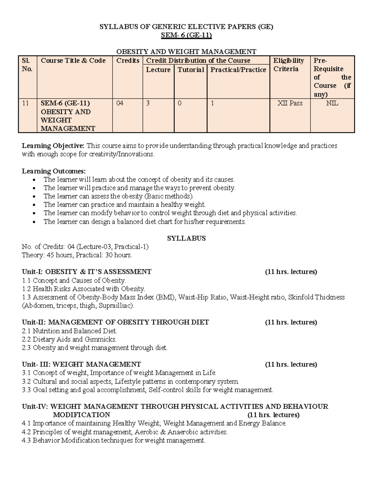 GE SEM6 Obesity & Weight Management Syllabus and Course Outline - Studocu