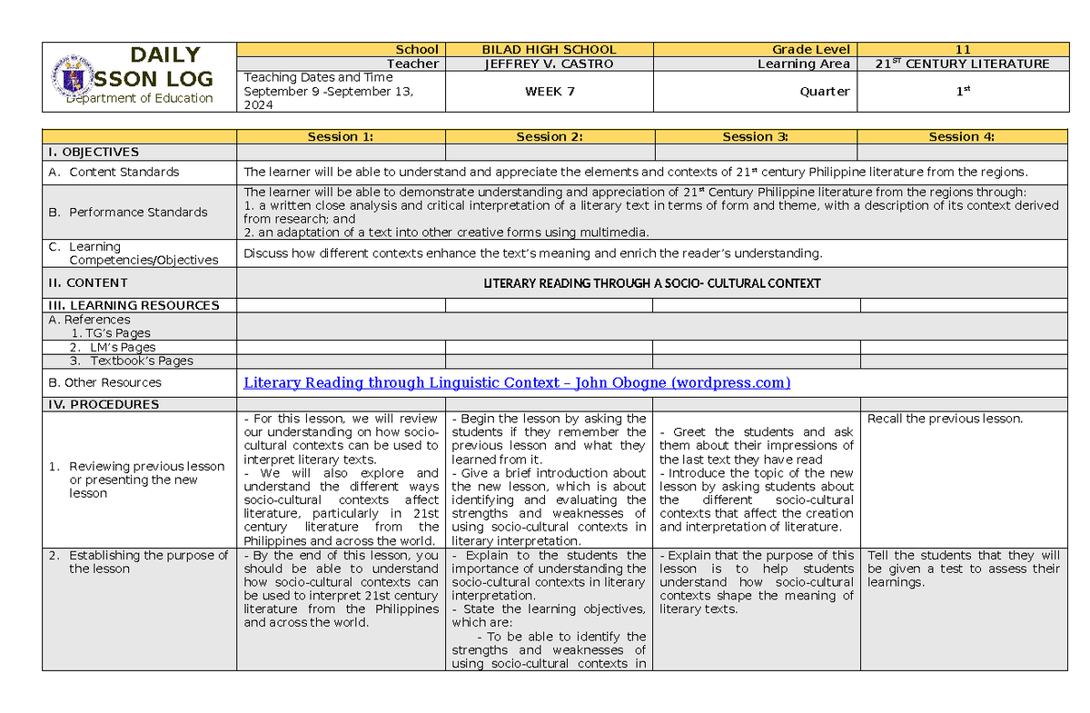 21ST Century Literature Lesson Plan Q1 Week 7 by Jeffrey V. Castro - Document Preview