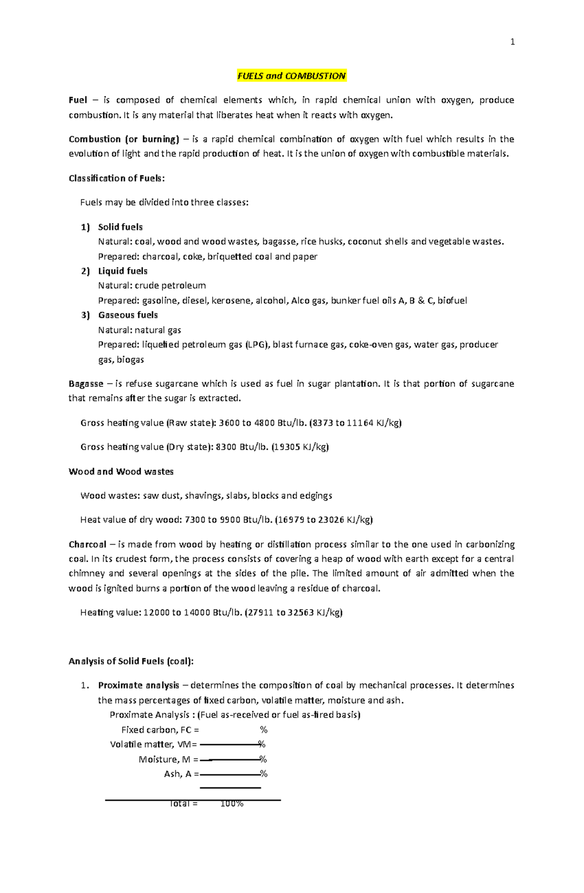 Fuels and Combustion (CHM 101) Lecture Notes - Revised Edition - Studocu