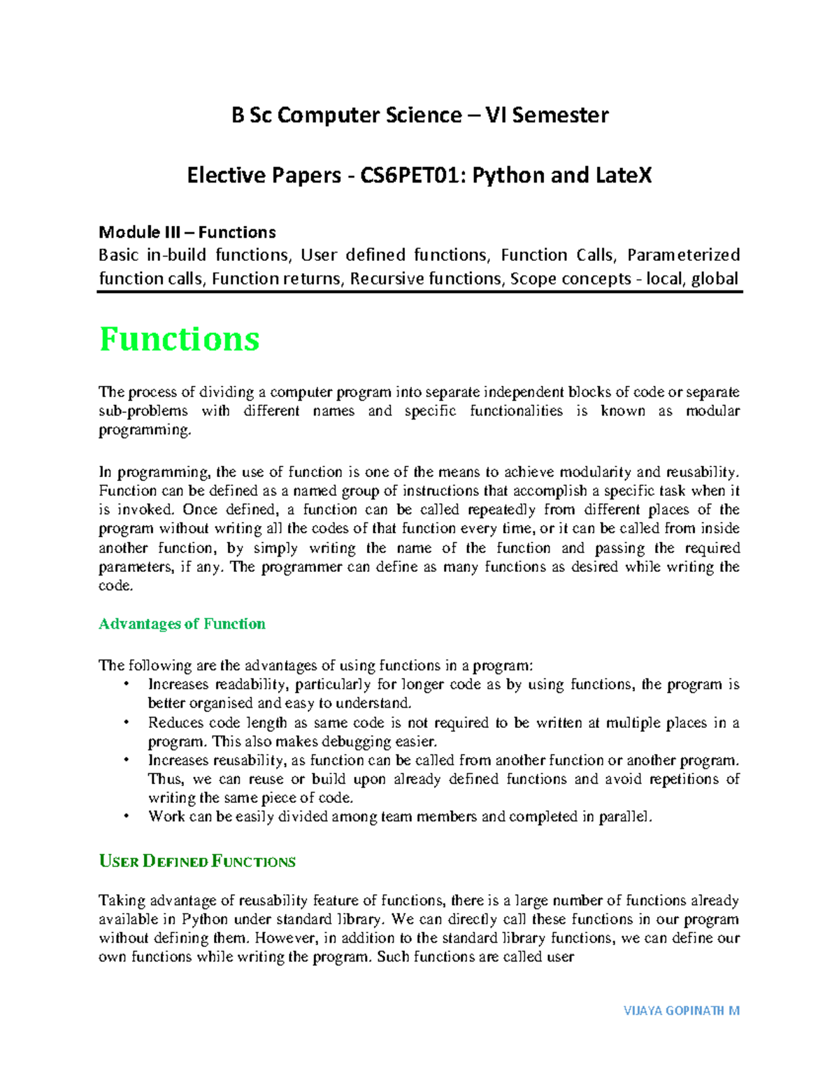 B Sc CS CS6PET01: Python Functions and Modular Programming Notes - Studocu
