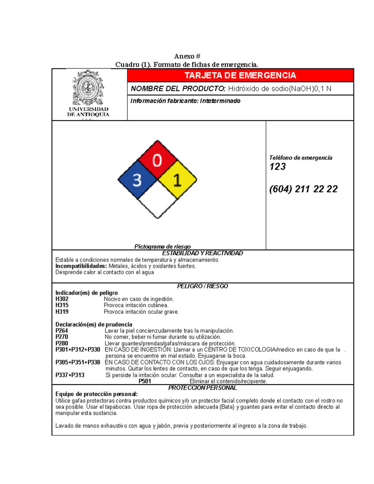 Ficha de Seguridad: Hidróxido de Sodio 0,1 N - Información y ...