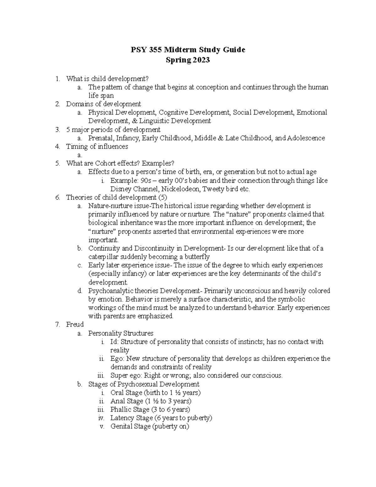 Midterm Study Guide Psy 355 - PSY 355 Midterm Study Guide Spring 2023 ...