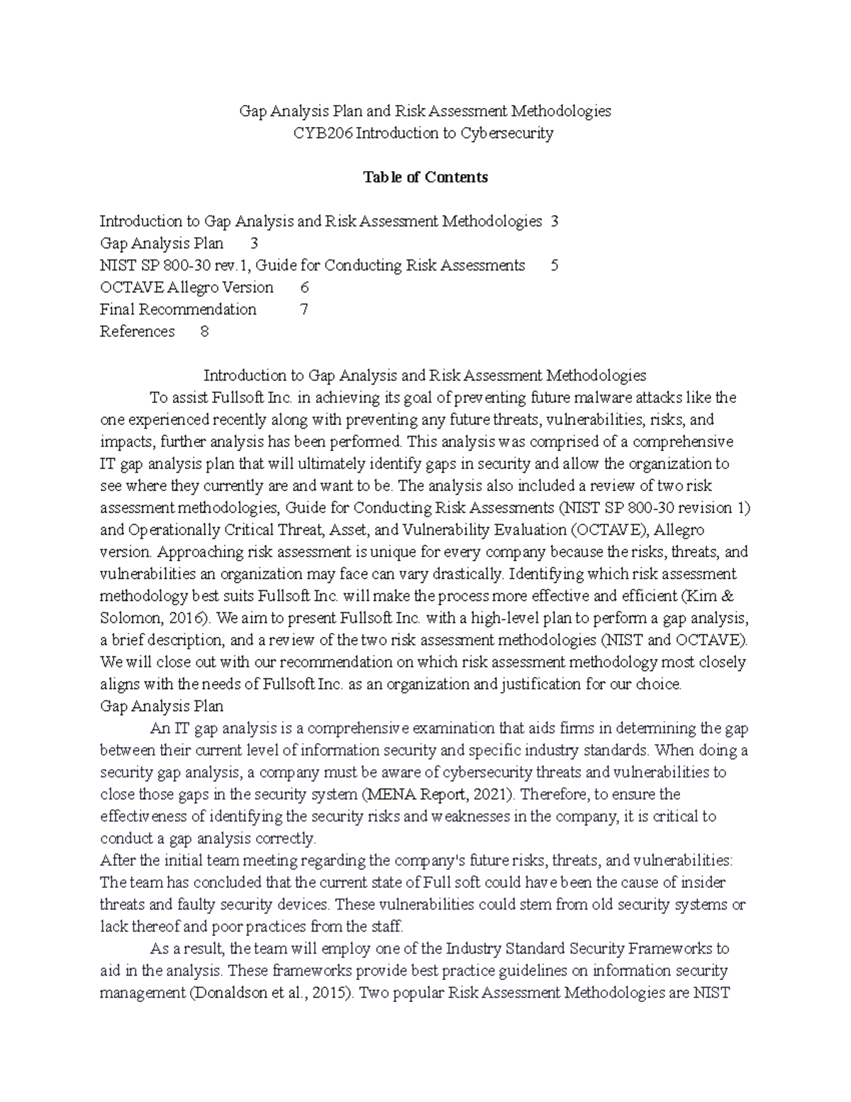 CYB 206 Gap Analysis and Risk Assessment Methodologies Report - Studocu
