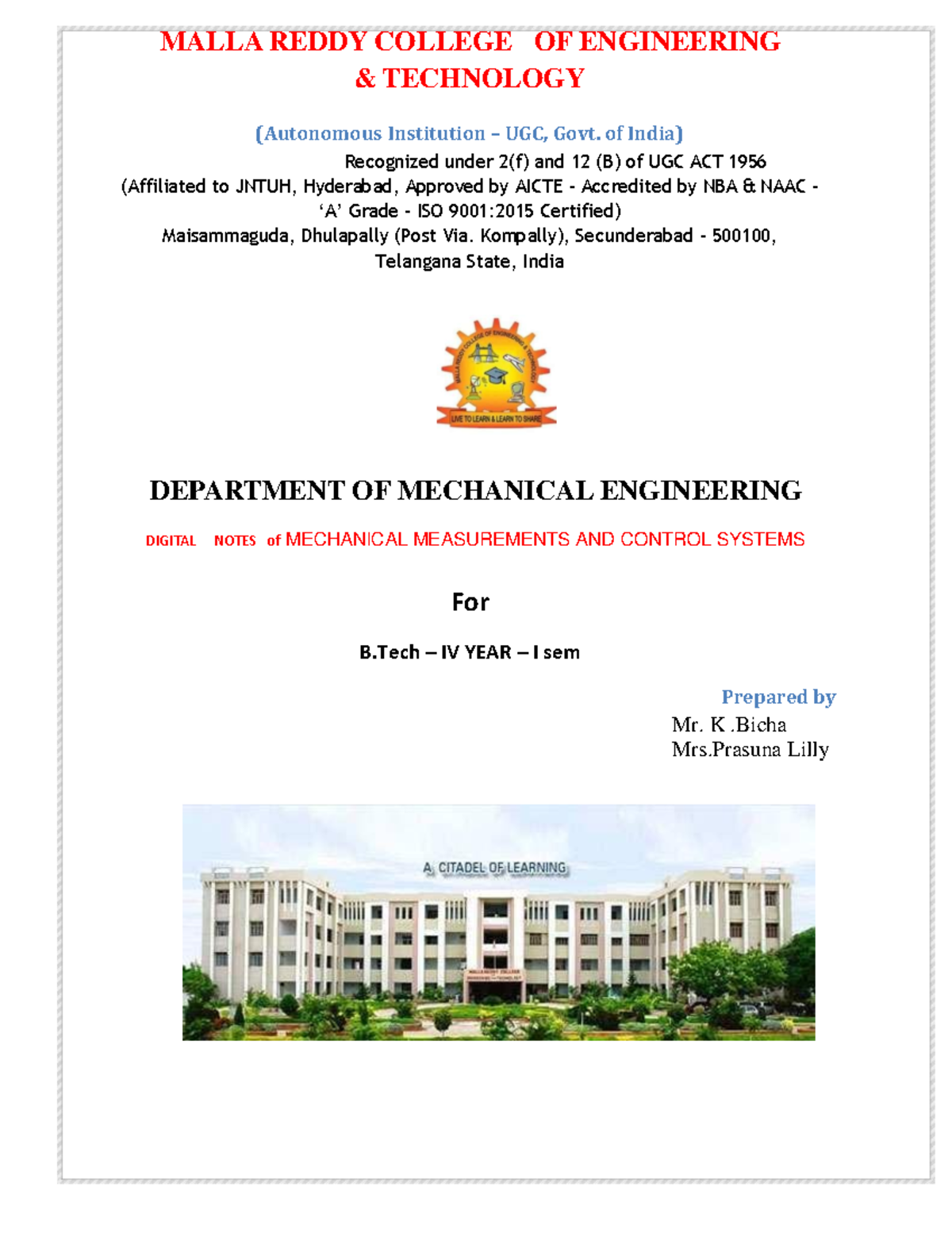 B.Tech IV Year I Sem Digital Notes: Mechanical Measurements & Control ...