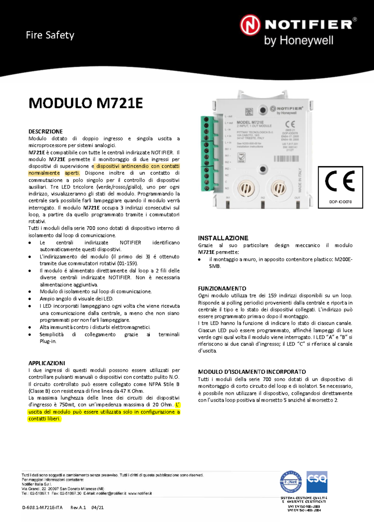 Scheda Tecnica Modulo M721E - Fire Safety M721E - Studocu
