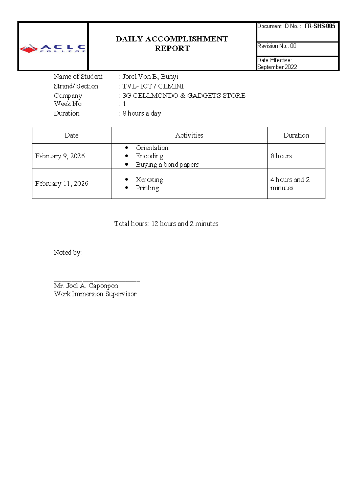 SHSWI Daily Accomplishment Report: Work Immersion Activities - Studocu